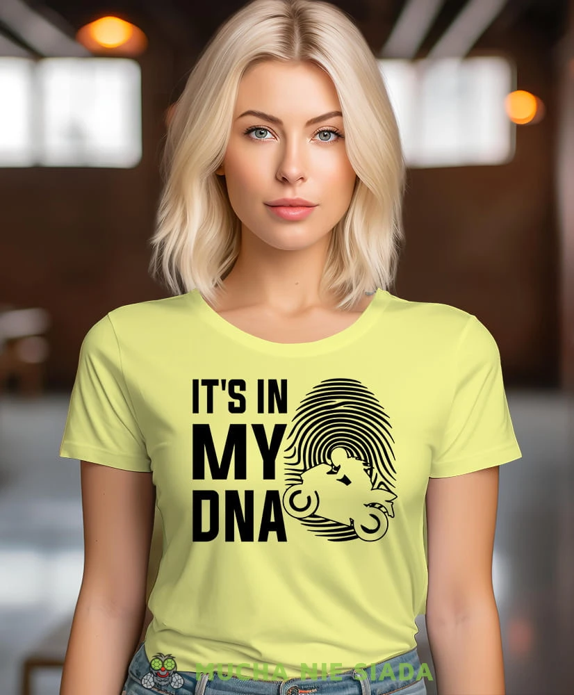 It's in my DNA odcisk palca motocyklistka, żółta damska koszulka, koszulka motocyklowa, koszulka dla motocyklistki, damska koszulka na motocykl, koszulka dla miłośniczki motocykli, motocykl, mucha nie siada sklep.jpg