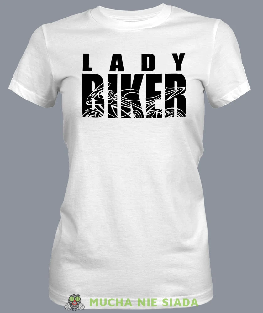 Lady biker, biała damska koszulka, koszulka motocyklowa, koszulka dla motocyklistki, damska koszulka na motocykl, koszulka dla miłośniczki motocykli, motocykl, mucha nie siada sklep.jpg