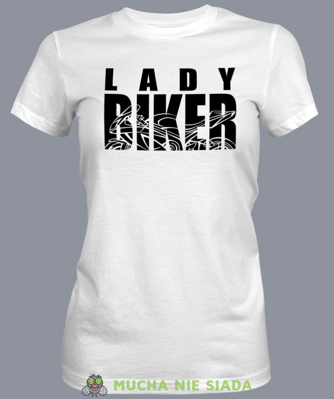 Lady biker, biała damska koszulka, koszulka motocyklowa, koszulka dla motocyklistki, damska koszulka na motocykl, koszulka dla miłośniczki motocykli, motocykl, mucha nie siada sklep.jpg