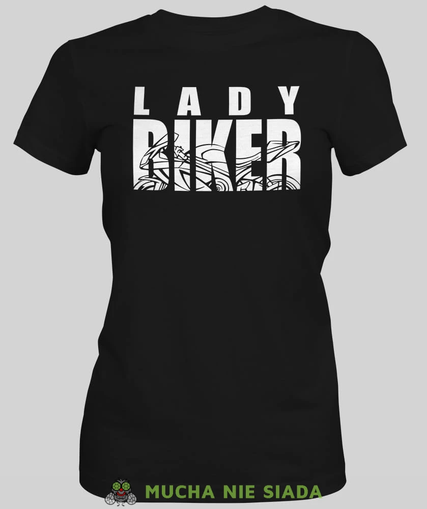 Lady biker, czarna damska koszulka, koszulka motocyklowa, koszulka dla motocyklistki, damska koszulka na motocykl, koszulka dla miłośniczki motocykli, motocykl, mucha nie siada sklep.jpg
