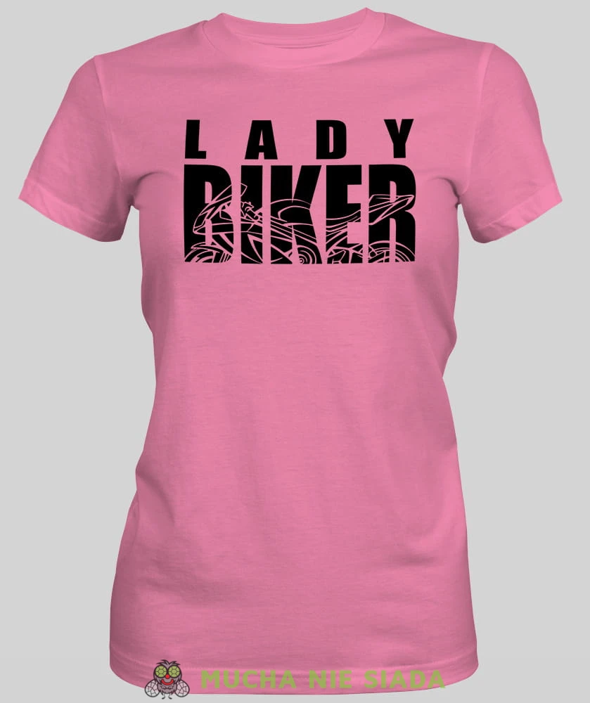 Lady biker, różowa damska koszulka, koszulka motocyklowa, koszulka dla motocyklistki, damska koszulka na motocykl, koszulka dla miłośniczki motocykli, motocykl, mucha nie siada sklep.jpg