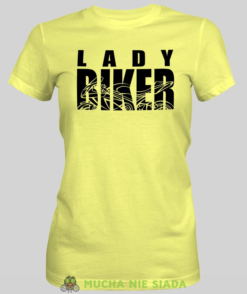 Lady biker, żółta damska koszulka, koszulka motocyklowa, koszulka dla motocyklistki, damska koszulka na motocykl, koszulka dla miłośniczki motocykli, motocykl, mucha nie siada sklep.jpg