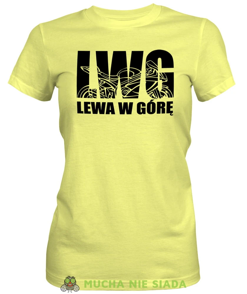 LWG Lewa w górę Motocykl, żółta damska koszulka, koszulka motocyklowa, koszulka dla motocyklistki, damska koszulka na motocykl, koszulka dla miłośniczki motocykli, motocykl, mucha nie siada sklep.jpg