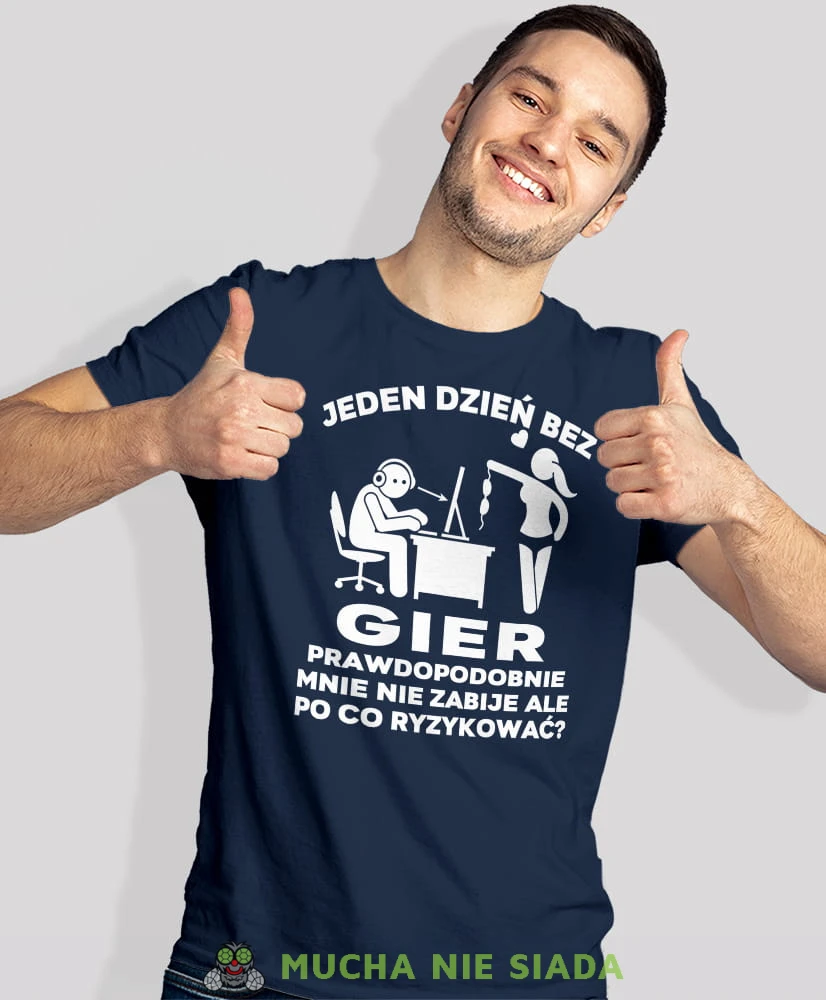 jeden dzień bez gier prawdopodobnie mnie nie zabije, granatowa koszulka dla gracza, męska koszulka dla fanów gier komputerowych, koszulki dla graczy, video gry, gry komputerowe, mucha nie siada, mns.jpg