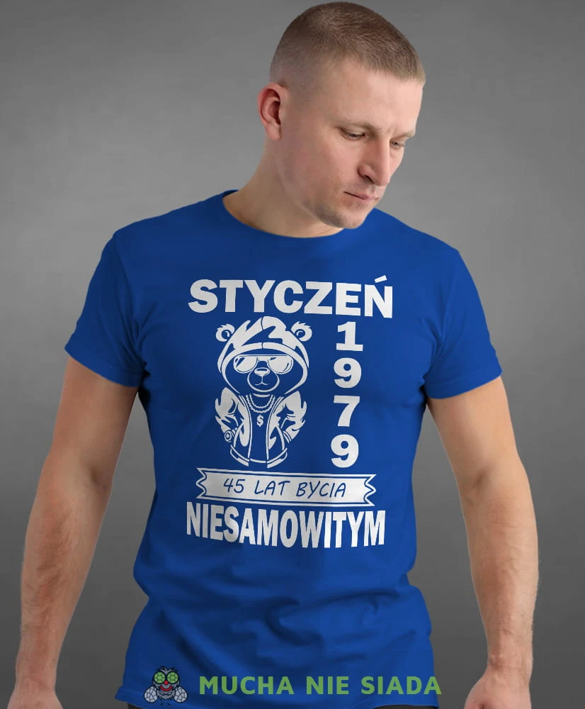 Miś Teddy 20 30 40 50 60 70 80 lat bycia niesamowitym, niebieska męska koszulka urodzinowa, na urodziny, na prezent, fajna koszulka, dla chłopaka, dla męża, mucha nie siada, mns.jpg