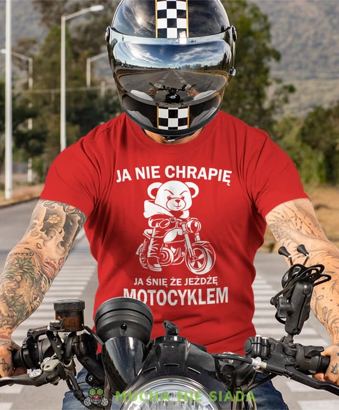 Ja nie chrapię ja śnię że jeżdżę motocyklem, czerwona męska koszulka, koszulka dla motocyklisty, koszulki na motocykl, koszulka na motocykl, męska koszulka na motocykl na prezent dla miłośnika motocykli.jpg