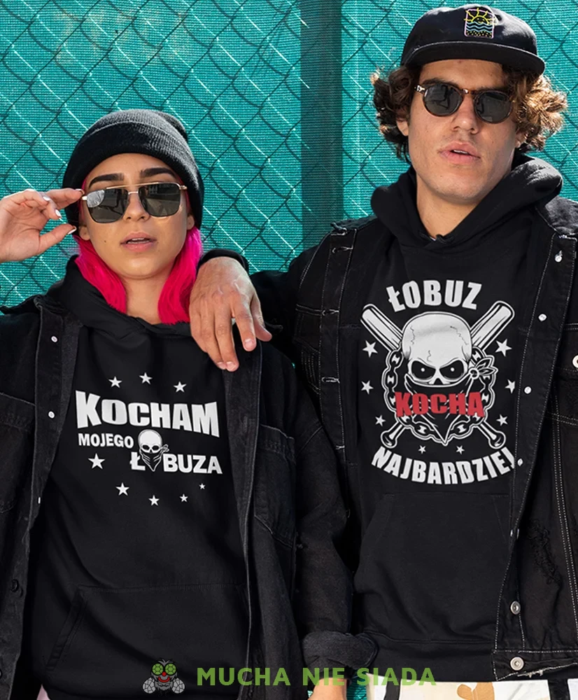 Łobuz kocha najbardziej Kocham mojego łobuza, czarne bluzy z kapturem dla par, bluzy dla zakochanych, dla par, bluzy z kapturem na walentynki, fajne bluzy z kapturem, bluzy dla par, bluzy z kapturem dla par mucha n.webp