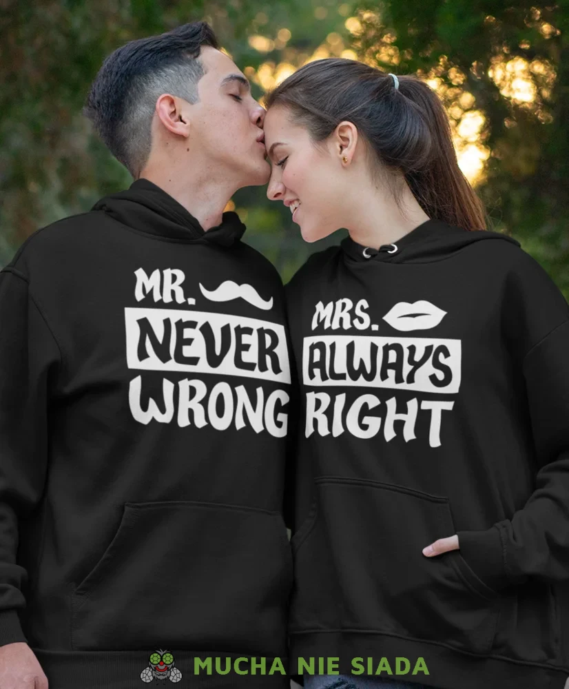 Mrs always right Mr never wrong, czarne bluzy z kapturem dla par, bluzy dla zakochanych, dla par, bluzy z kapturem na walentynki, fajne bluzy z kapturem, bluzy dla par, bluzy z kapturem dla par mucha nie siada, mns.webp