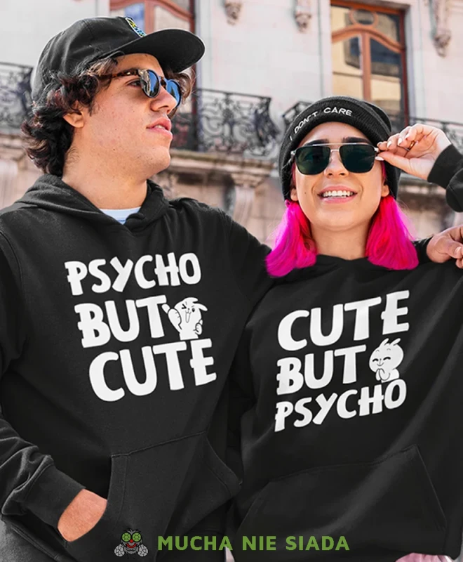 Psycho but cute Cute but psycho, czarne bluzy z kapturem dla par, bluzy dla zakochanych, dla par, bluzy z kapturem na walentynki, fajne bluzy z kapturem, bluzy dla par, bluzy z kapturem dla par mucha nie siada, mns.webp