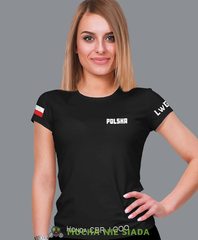 Polska flaga LwG nazwa motocykla, czarna damska koszulka, koszulka motocyklowa, koszulka dla motocyklistki, damska koszulka na motocykl, koszulka dla miłośniczki motocykli, motocykl, mucha nie siada sklep.jpg