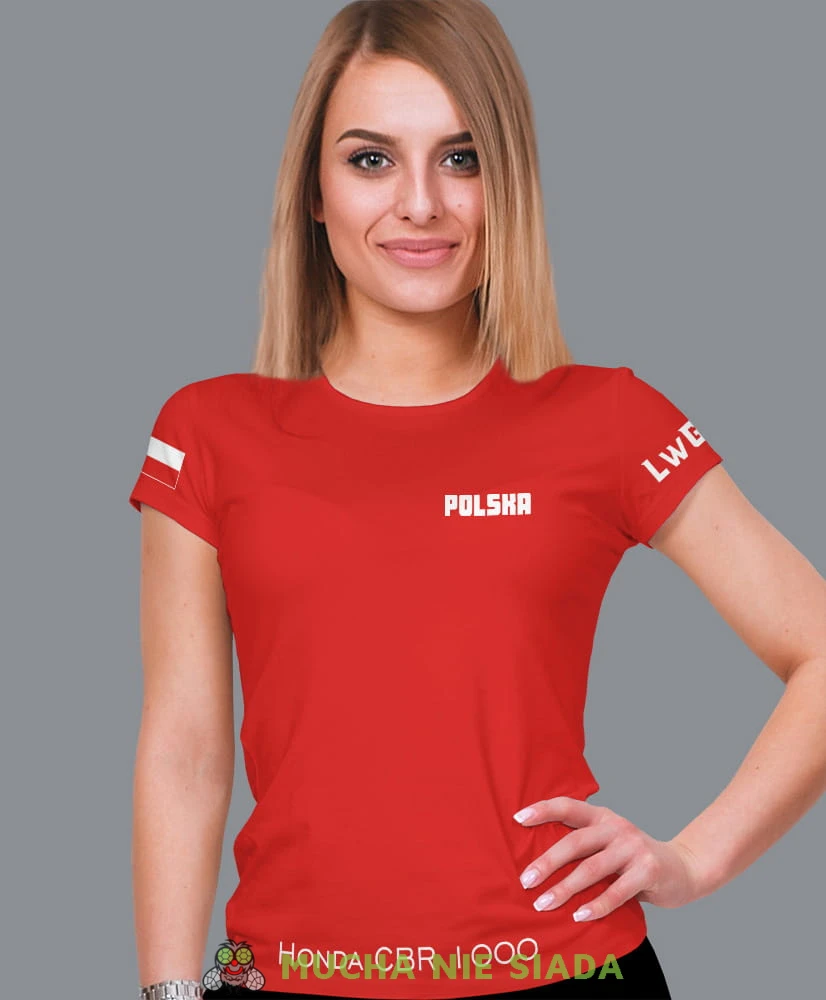 Polska flaga LwG nazwa motocykla, czerwona damska koszulka, koszulka motocyklowa, koszulka dla motocyklistki, damska koszulka na motocykl, koszulka dla miłośniczki motocykli, motocykl, mucha nie siada sklep.jpg
