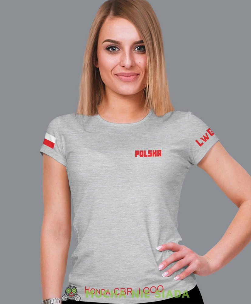 Polska flaga LwG nazwa motocykla, szara damska koszulka, koszulka motocyklowa, koszulka dla motocyklistki, damska koszulka na motocykl, koszulka dla miłośniczki motocykli, motocykl, mucha nie siada sklep.jpg