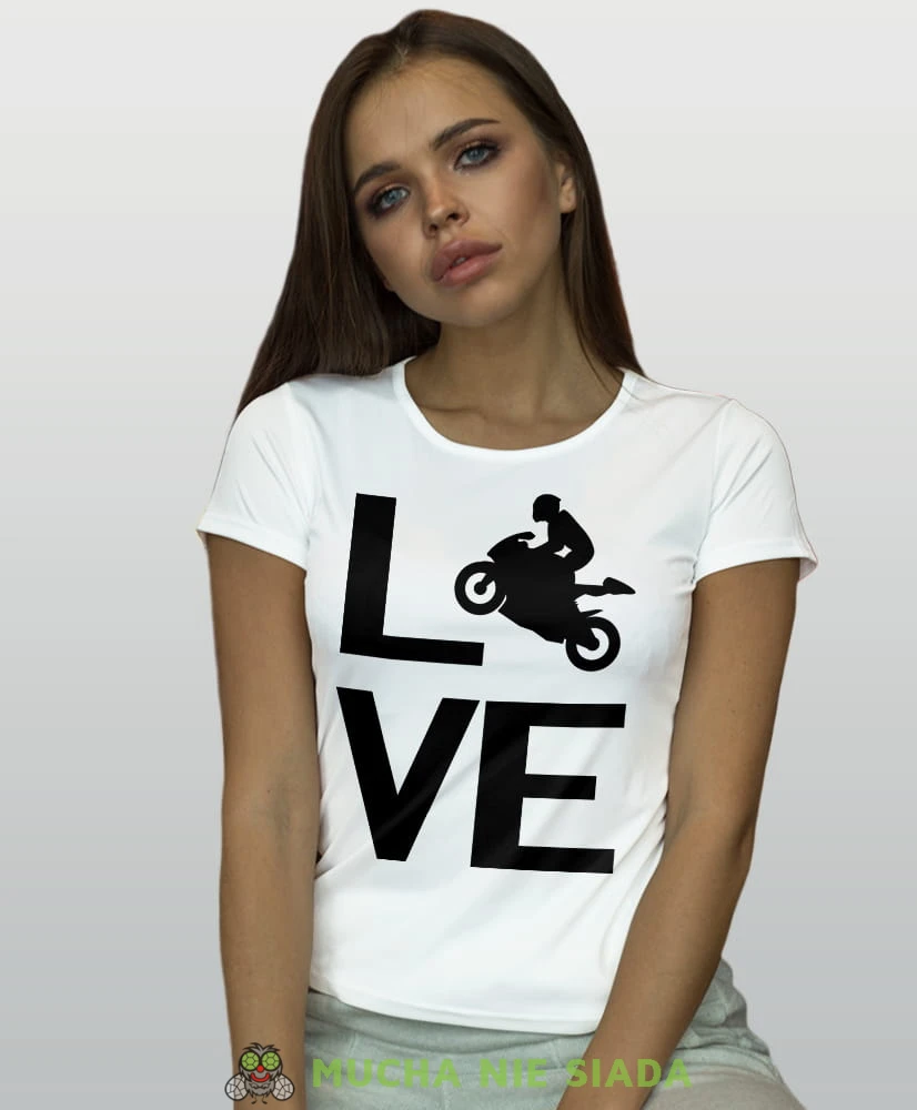 LOVE motocykl, biała koszulka motocyklowa damska, koszulka dla motocyklistki, na motocykl, na prezent dla miłośniczki motocykli, motocykl.jpg