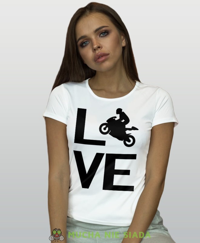 LOVE motocykl, biała koszulka motocyklowa damska, koszulka dla motocyklistki, na motocykl, na prezent dla miłośniczki motocykli, motocykl.jpg