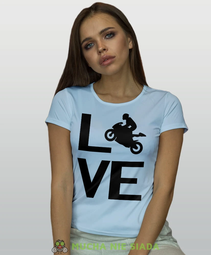 LOVE motocykl, jasnoniebieska koszulka motocyklowa damska, koszulka dla motocyklistki, na motocykl, na prezent dla miłośniczki motocykli, motocykl.jpg