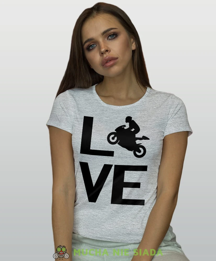 LOVE motocykl, szara koszulka motocyklowa damska, koszulka dla motocyklistki, na motocykl, na prezent dla miłośniczki motocykli, motocykl.jpg