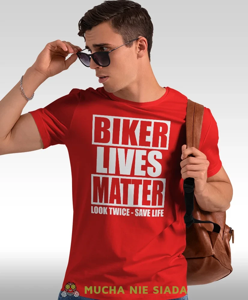 Biker lives matter look twice save life, czerwona męska koszulka, koszulka dla motocyklisty, koszulki na motocykl, koszulka na motocykl, męska koszulka na motocykl na prezent dla miłośnika motocykli.webp