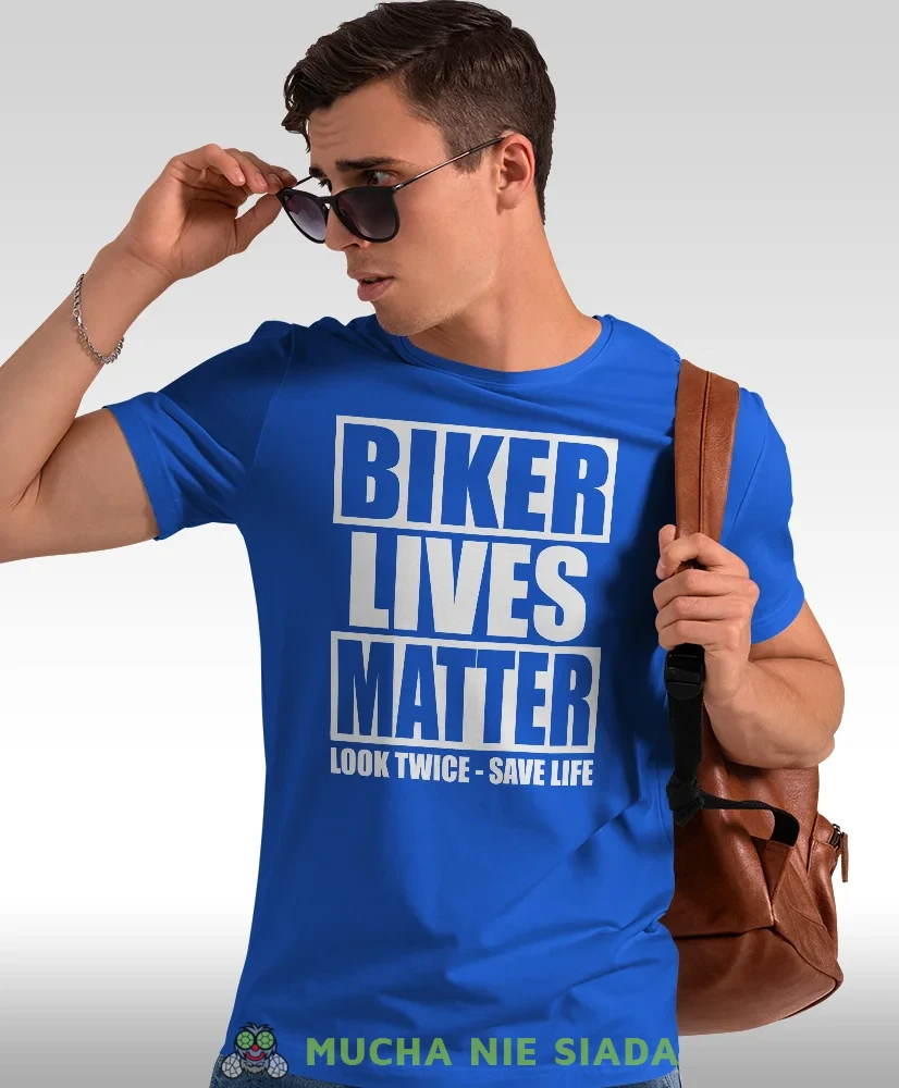 Biker lives matter look twice save life, niebieska męska koszulka, koszulka dla motocyklisty, koszulki na motocykl, koszulka na motocykl, męska koszulka na motocykl na prezent dla miłośnika motocykli.webp