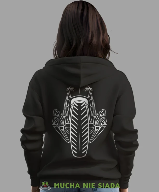 Tył motocykla, czarna damska bluza z kapturem, bluza dla motocyklistki, bluzy na motocykl, bluza z kapturem na motocykl, damska bluza na motocykl, na prezent dla miłośniczki motocykli.webp