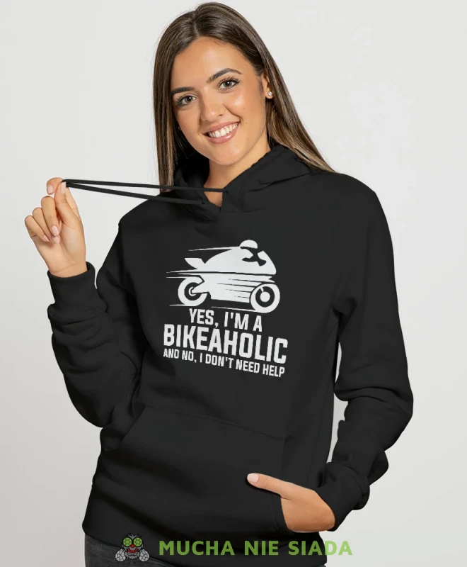 Yes I'm a bikeaholic, czarna damska bluza z kapturem, bluza dla motocyklistki, bluzy na motocykl, bluza z kapturem na motocykl, damska bluza na motocykl, na prezent dla miłośniczki motocykli.webp