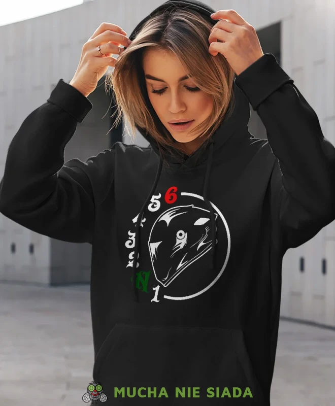 Jeden w dół pięć w górę kask motocyklowy, czarna damska bluza z kapturem, bluza dla motocyklistki, bluzy na motocykl, bluza z kapturem na motocykl, damska bluza na motocykl.webp