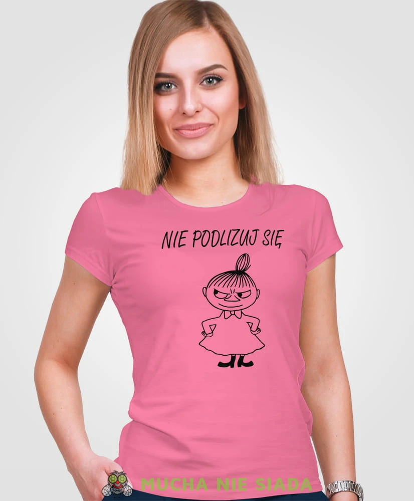 Mała Mi Nie podlizuj się, różowa koszulka damska z nadrukiem, dla dziewczyny, na prezent, na urodziny, mucha nie siada, mns.jpg