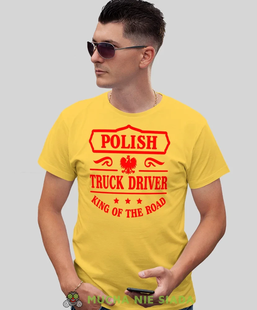 Polish truck driver King of the road, żółta koszulka z nadrukiem, prezent dla kierowcy tira, prezent dla kierowcy ciężarówki, koszulka dla kierowcy ciężarówki, koszulki dla kierowcy, mucha niesiada, mns.webp