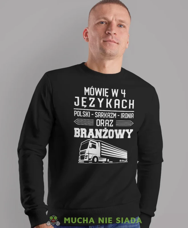 Mówię w 4 językach, czarna bluza bez kaptura, prezent dla kierowcy tira, prezent dla kierowcy ciężarówki, bluza dla kierowcy ciężarówki, bluzy dla kierowcy, mucha niesiada, mns.webp