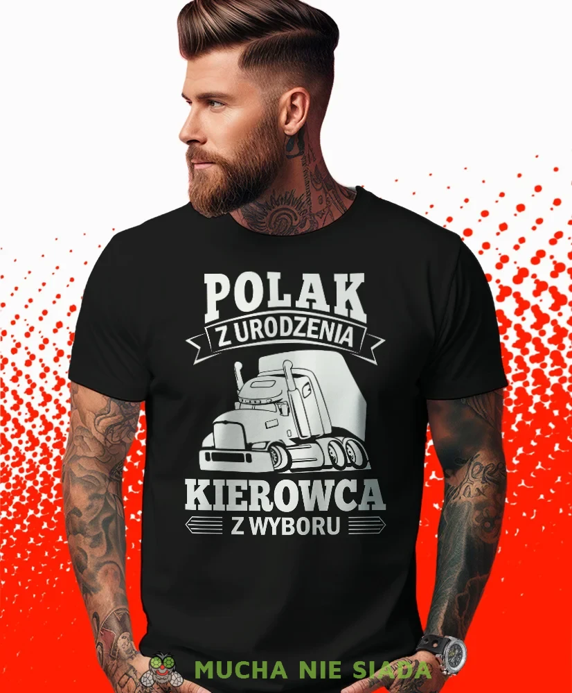 Polak z urodzenia kierowca z wyboru, czarna koszulka z nadrukiem, prezent dla kierowcy tira, prezent dla kierowcy ciężarówki, koszulka dla kierowcy ciężarówki, koszulki dla kierowcy, mucha niesiada, mns.webp