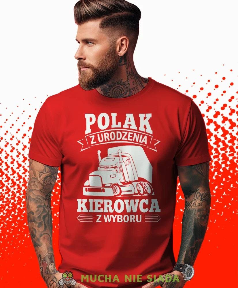 Polak z urodzenia kierowca z wyboru, czerwona koszulka z nadrukiem, prezent dla kierowcy tira, prezent dla kierowcy ciężarówki, koszulka dla kierowcy ciężarówki, koszulki dla kierowcy, mucha niesiada, mns.webp
