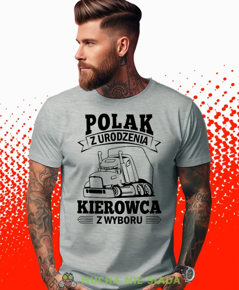 Polak z urodzenia kierowca z wyboru, szara koszulka z nadrukiem, prezent dla kierowcy tira, prezent dla kierowcy ciężarówki, koszulka dla kierowcy ciężarówki, koszulki dla kierowcy, mucha niesiada, mns.webp