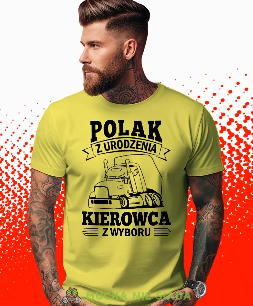 Polak z urodzenia kierowca z wyboru, żółta koszulka z nadrukiem, prezent dla kierowcy tira, prezent dla kierowcy ciężarówki, koszulka dla kierowcy ciężarówki, koszulki dla kierowcy, mucha niesiada, mns.webp