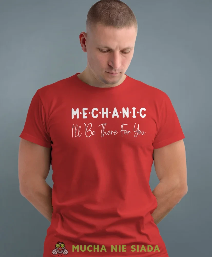 Mechanic, czerwona męska koszulka, prezent dla mechanika, koszulka z nadrukiem dla mechanika, koszulka dla mechanika, koszulki dla mechanika, mucha niesiada, mns.webp
