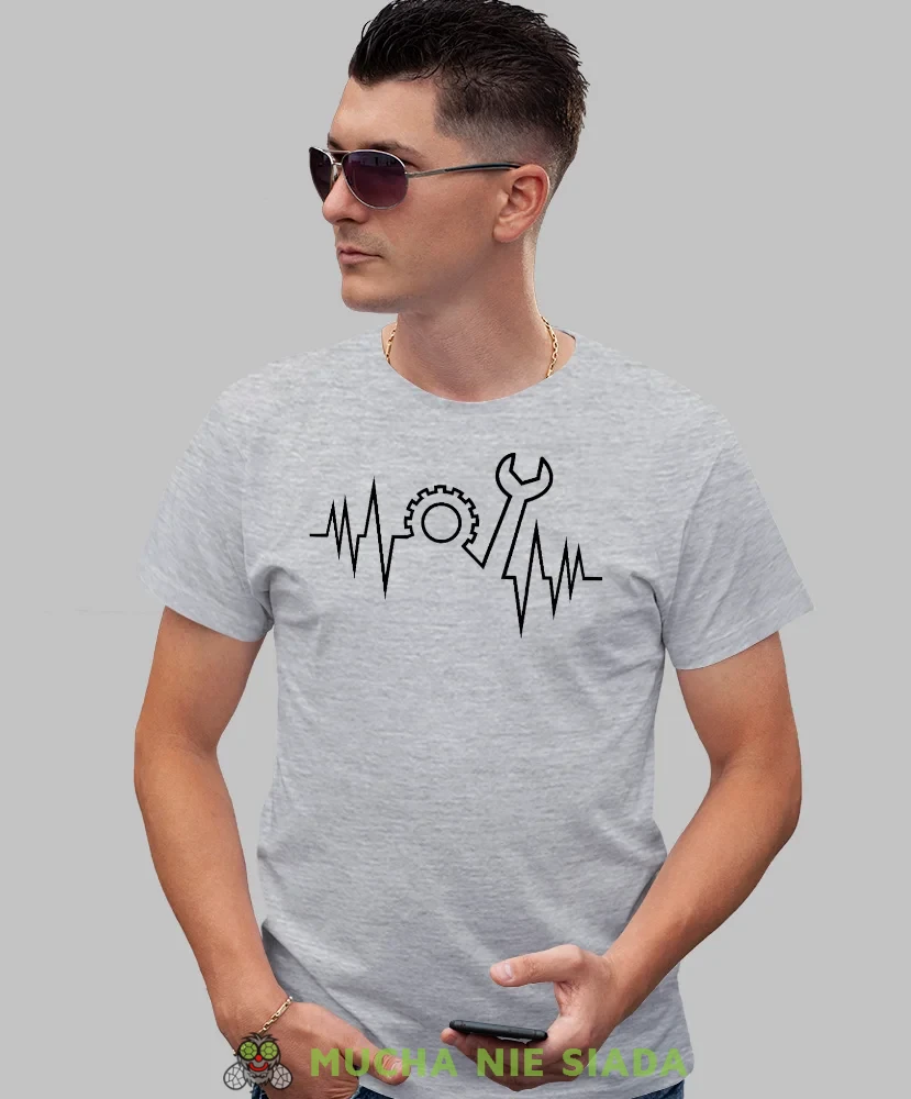 Mechanik linia życia, szara męska koszulka, prezent dla mechanika, koszulka z nadrukiem dla mechanika, koszulka dla mechanika, koszulki dla mechanika, mucha niesiada, mns.webp