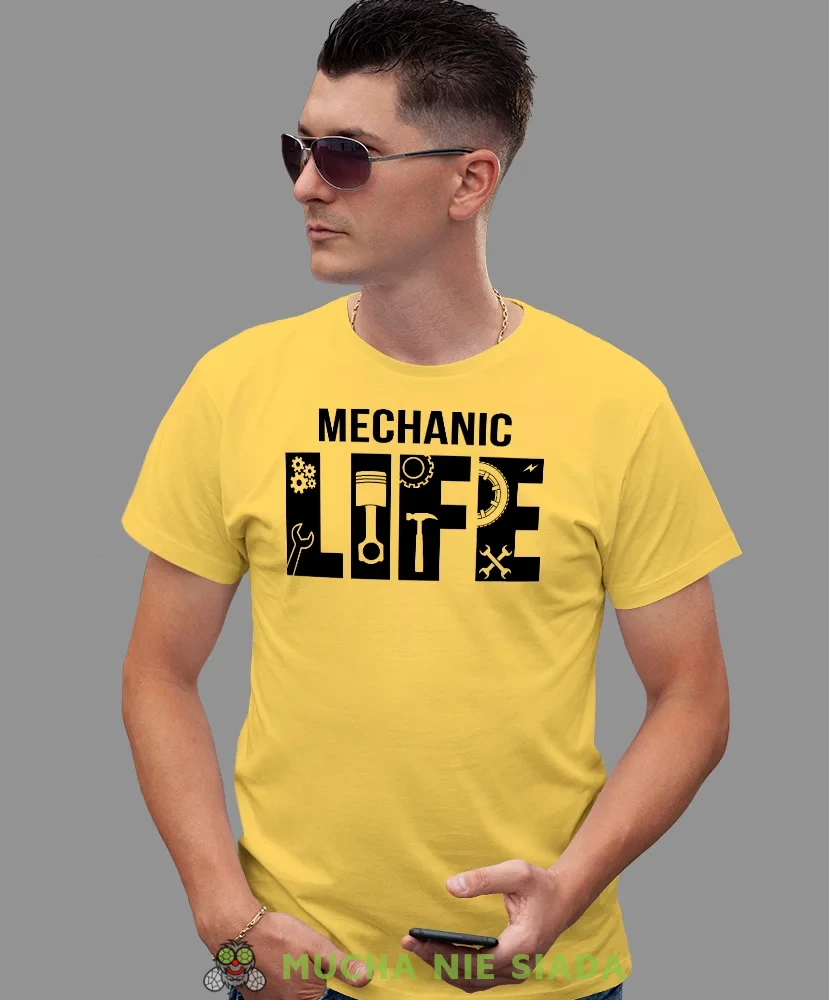 Mechanic life, żółta męska koszulka, prezent dla mechanika, koszulka z nadrukiem dla mechanika, koszulka dla mechanika, koszulki dla mechanika, mucha niesiada, mns.webp
