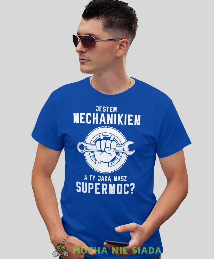Jestem  mechanikiem a Ty jaką masz supermoc, niebieska męska koszulka, prezent dla mechanika, koszulka z nadrukiem dla mechanika, koszulka dla mechanika, koszulki dla mechanika, mucha niesiada, mns.webp