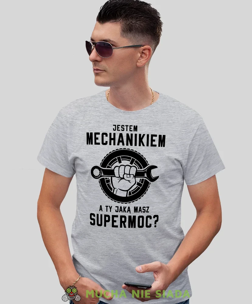 Jestem  mechanikiem a Ty jaką masz supermoc, szara męska koszulka, prezent dla mechanika, koszulka z nadrukiem dla mechanika, koszulka dla mechanika, koszulki dla mechanika, mucha niesiada, mns.webp