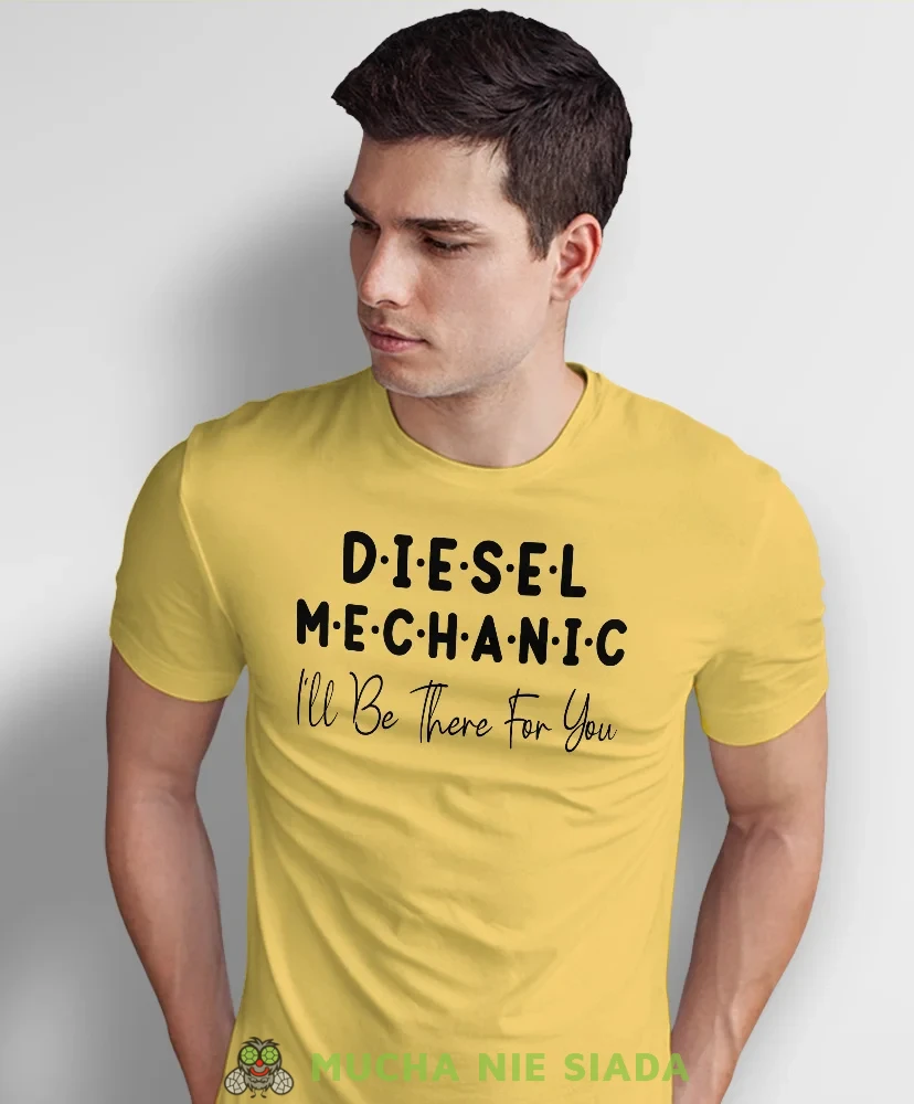 Diesel mechanic, żółta męska koszulka, prezent dla mechanika, koszulka z nadrukiem dla mechanika, koszulka dla mechanika, koszulki dla mechanika, mucha niesiada, mns.webp