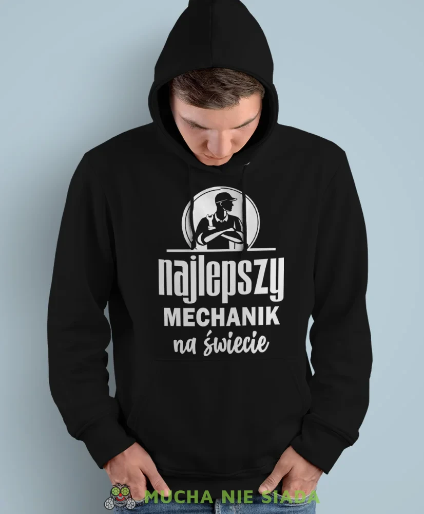 Najlepszy mechanik na świecie, czarna bluza z kapturem, prezent dla mechanika, bluza z kapturem dla mechanika, bluza dla mechanika, bluzy dla mechaników, męska bluza z nadrukiem, mucha niesiada, mns.webp