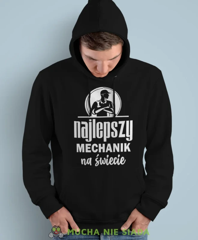 Najlepszy mechanik na świecie, czarna bluza z kapturem, prezent dla mechanika, bluza z kapturem dla mechanika, bluza dla mechanika, bluzy dla mechaników, męska bluza z nadrukiem, mucha niesiada, mns.webp