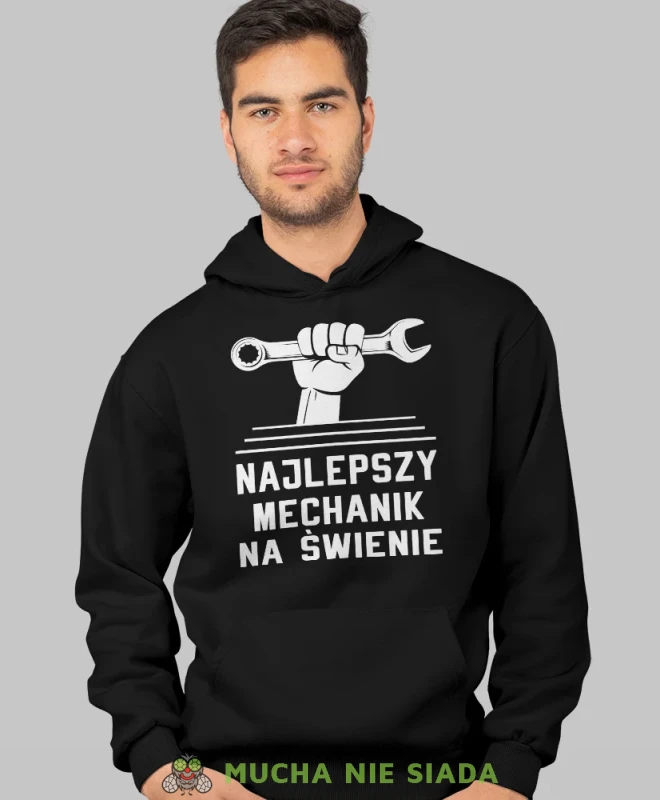 Najlepszy mechanik na świecie klucz, czarna bluza z kapturem, prezent dla mechanika, bluza z kapturem dla mechanika, bluza dla mechanika, bluzy dla mechaników, męska bluza z nadrukiem, mucha niesiada, mns.webp