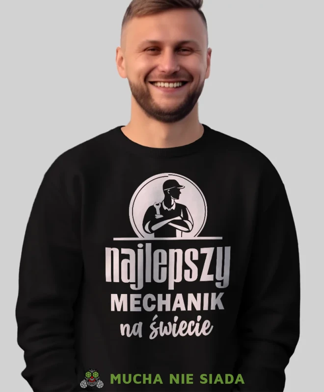 Najlepszy mechanik na świecie, czarna bluza bez kaptura, prezent dla mechanika, bluza bez kaptura dla mechanika, bluza dla mechanika, bluzy dla mechaników, męska bluza z nadrukiem, mucha niesiada, mns.webp