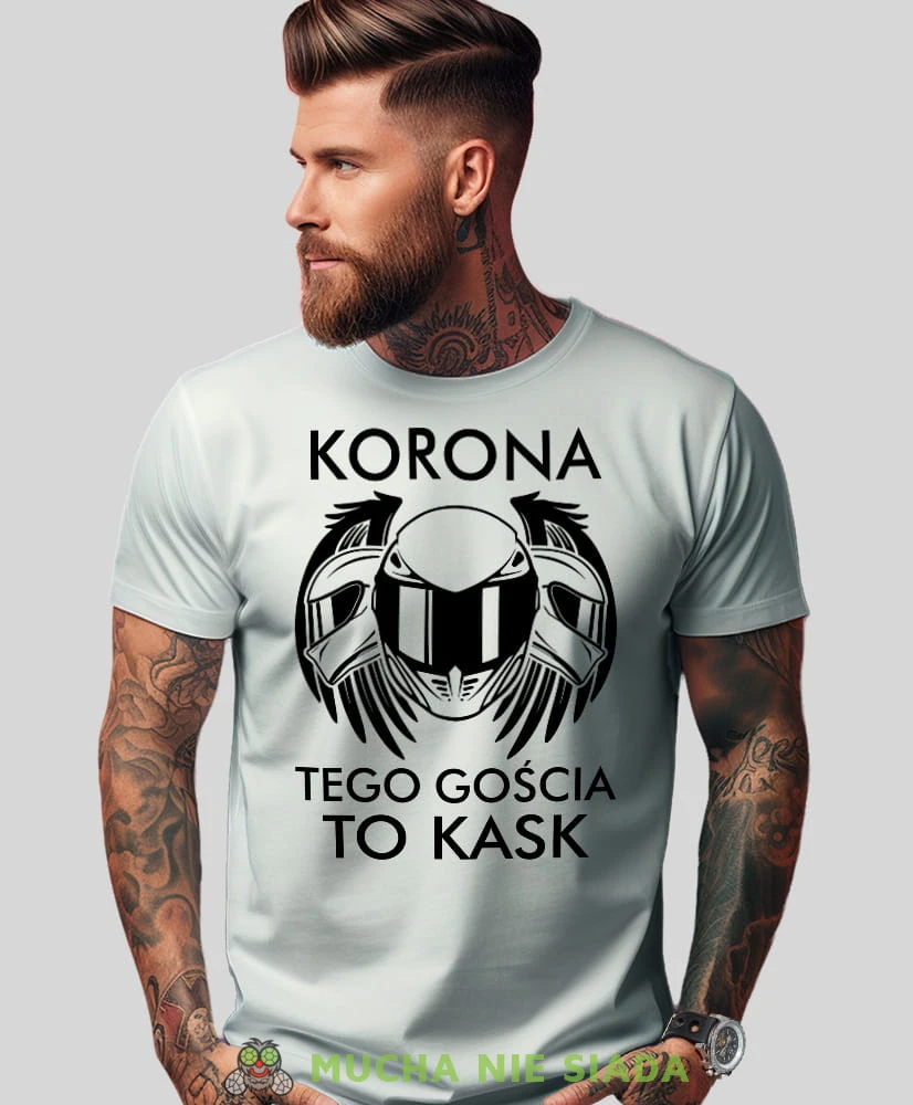 Korona tego gościa to kask, biała męska koszulka, koszulka dla motocyklisty, koszulki na motocykl, koszulka na motocykl, męska koszulka na motocykl na prezent dla miłośnika motocykli.jpg