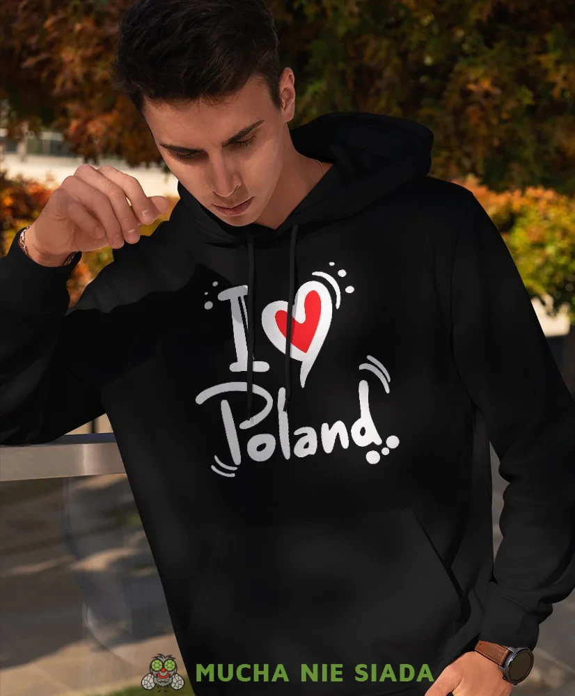 I love Poland, męska bluza z kapturem, bluza patriotyczna, bluzy z grafiką patriotyczną, dla mężczyzny, bluzay patriotyczne, bluza Polska, bluzy patriotyczne z kapturem.webp