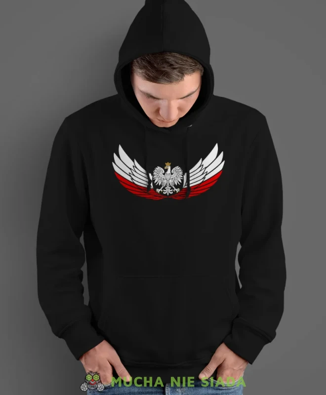 Orzeł Polski biało czerwone skrzydła, męska bluza z kapturem, bluza patriotyczna, bluzy z grafiką patriotyczną, dla mężczyzny, bluzay patriotyczne, bluza Polska, bluzy patriotyczne z kapturem.webp