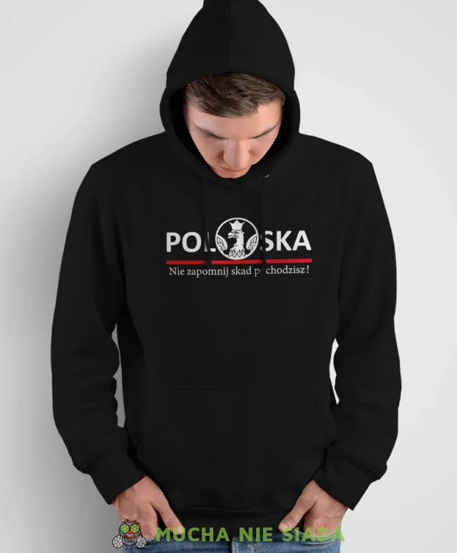 Polska Nie zapomnij skąd pochodzisz, męska bluza z kapturem, bluza patriotyczna, bluzy z grafiką patriotyczną, dla mężczyzny, bluzay patriotyczne, bluza Polska, bluzy patriotyczne z kapturem.webp