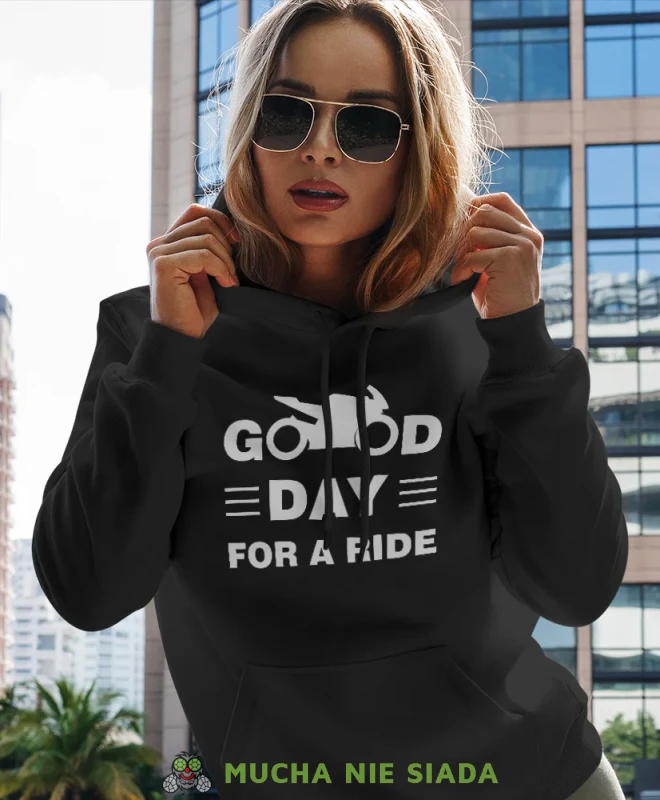 Good day for ride, czarna damska bluza z kapturem, bluza dla motocyklistki, bluzy na motocykl, damska bluza na motocykl, dla miłośniczki motocykli.webp