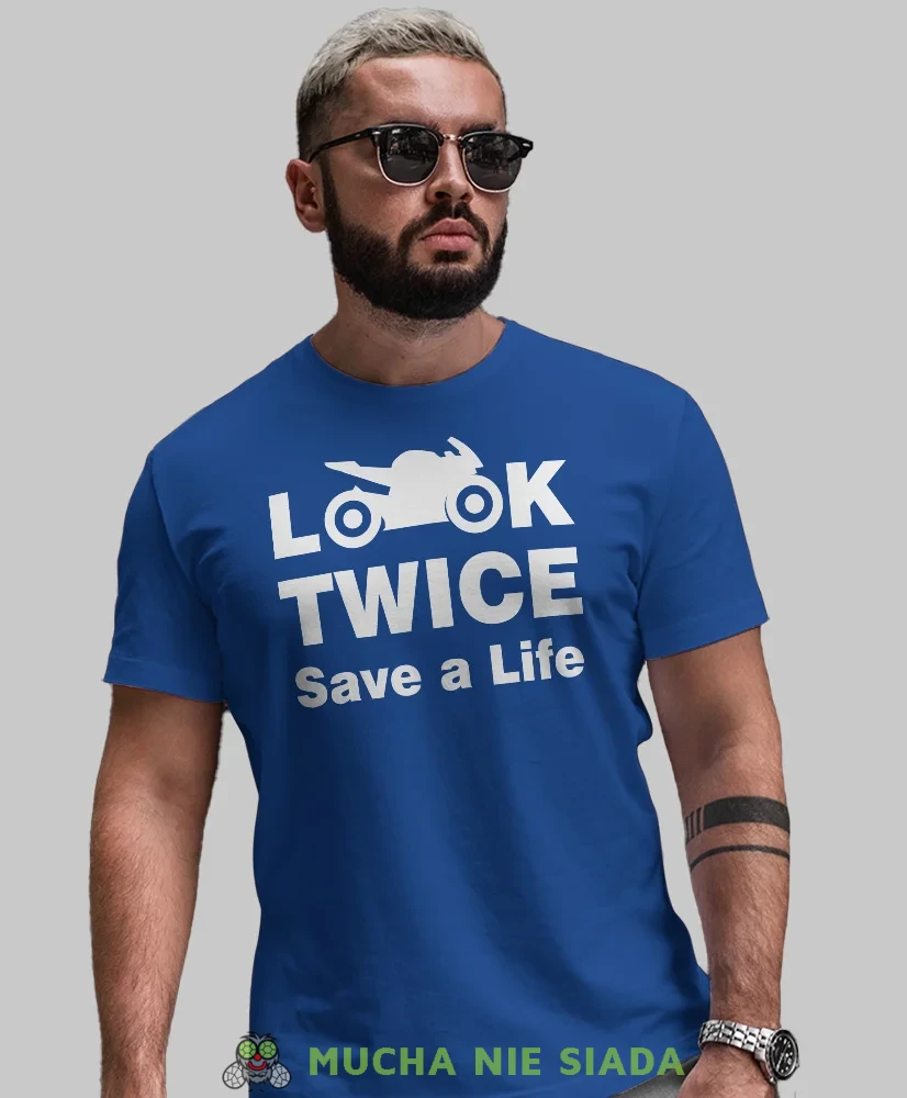 Look twice save a life, niebieska męska koszulka, koszulka dla motocyklisty, koszulki na motocykl, koszulka na motocykl, męska koszulka na motocykl na prezent dla miło.webp