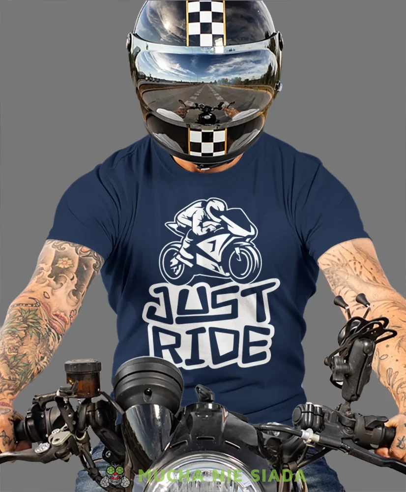 Just ride, granatowa męska koszulka, koszulka dla motocyklisty, koszulki na motocykl, koszulka na motocykl, męska koszulka na motocykl na prezent dla miłośnika motocyk.webp