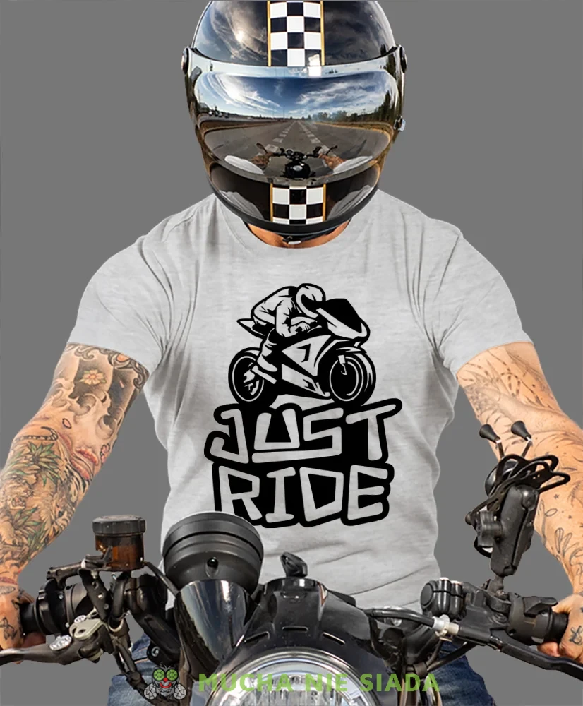 Just ride, szara męska koszulka, koszulka dla motocyklisty, koszulki na motocykl, koszulka na motocykl, męska koszulka na motocykl na prezent dla miłośnika motocykli.webp